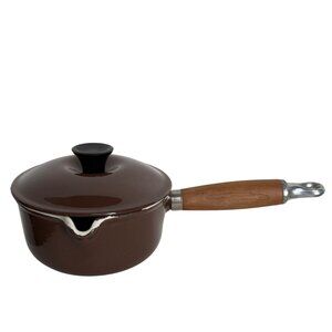 Vtg 80s Le Creuset France #14 Brown Enamel Cast Iron Saucepan Wood Handle & Lid